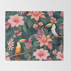 Toucans & Hibiscus, Floral Dark Jungle Blossom, Birds Animals Forest Botanical, Graphic Art Nature Wildlife Throw Blanket Gallery Image 2