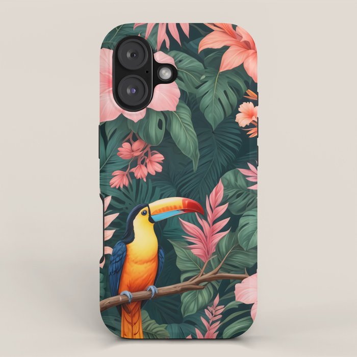 Toucans & Hibiscus, Floral Dark Jungle Blossom, Birds Animals Forest Botanical, Graphic Art Nature Wildlife iPhone Case Gallery Image 1