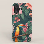 Toucans & Hibiscus, Floral Dark Jungle Blossom, Birds Animals Forest Botanical, Graphic Art Nature Wildlife iPhone Case Gallery Image 1