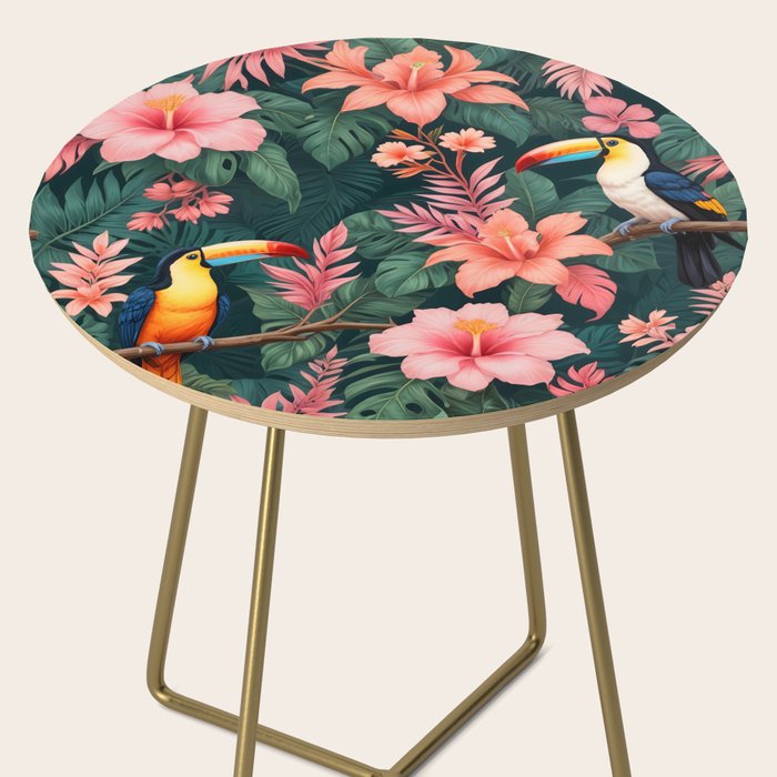Toucans & Hibiscus, Floral Dark Jungle Blossom, Birds Animals Forest Botanical, Graphic Art Nature Wildlife Side Table Gallery Image 2