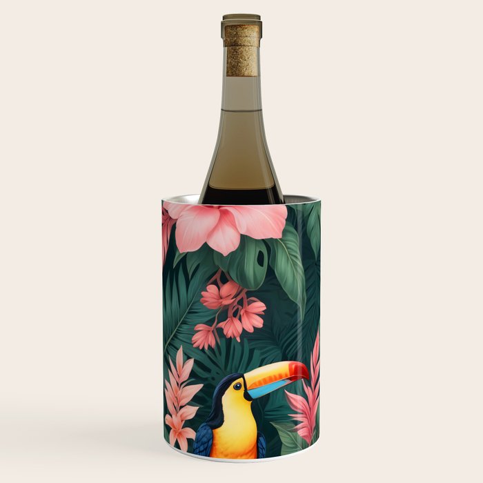 Toucans & Hibiscus, Floral Dark Jungle Blossom, Birds Animals Forest Botanical, Graphic Art Nature Wildlife Wine Chiller Gallery Image 2