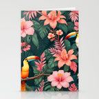 Toucans & Hibiscus, Floral Dark Jungle Blossom, Birds Animals Forest Botanical, Graphic Art Nature Wildlife Stationery Card Gallery Image 2