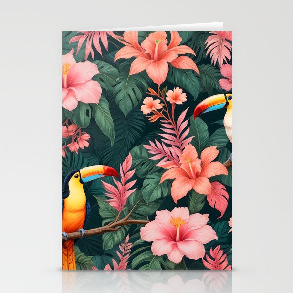 Toucans & Hibiscus, Floral Dark Jungle Blossom, Birds Animals Forest Botanical, Graphic Art Nature Wildlife Stationery Card Gallery Image 2