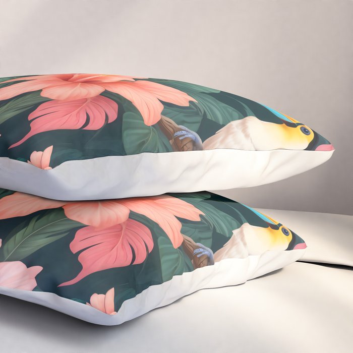 Toucans & Hibiscus, Floral Dark Jungle Blossom, Birds Animals Forest Botanical, Graphic Art Nature Wildlife Pillow Sham Gallery Image 3