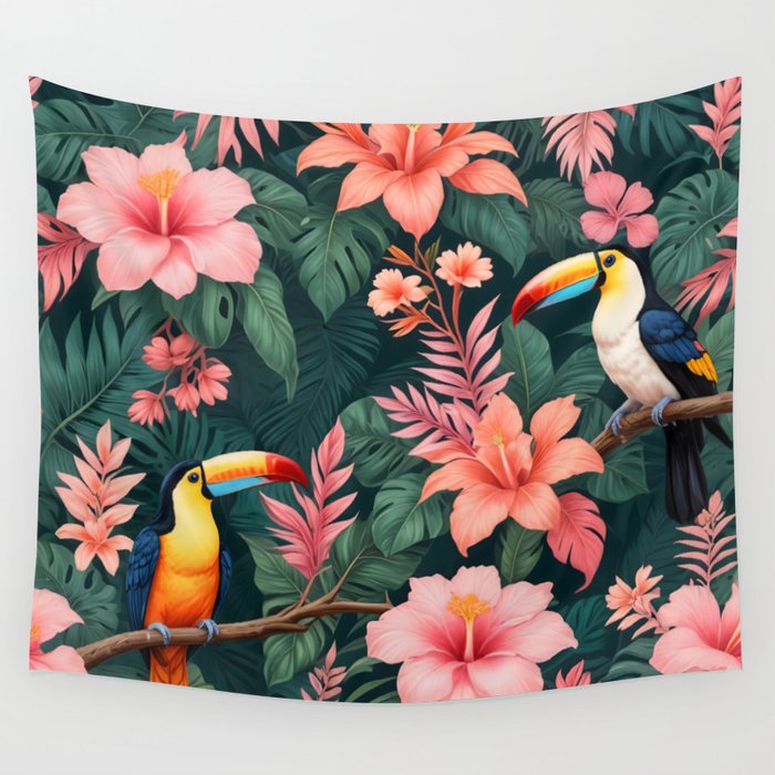 Toucans & Hibiscus, Floral Dark Jungle Blossom, Birds Animals Forest Botanical, Graphic Art Nature Wildlife Wall Tapestry Gallery Image 1