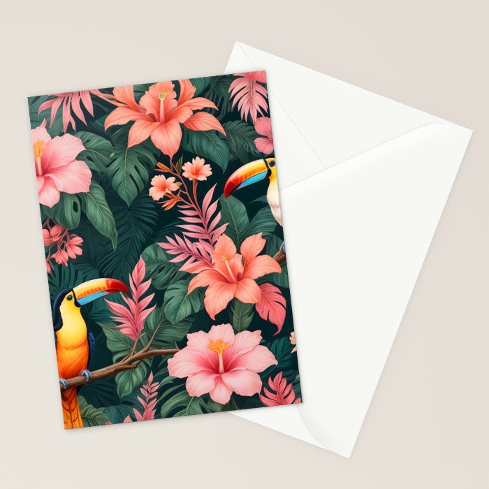 Toucans & Hibiscus, Floral Dark Jungle Blossom, Birds Animals Forest Botanical, Graphic Art Nature Wildlife Stationery Card Gallery Image 2