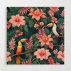 Toucans & Hibiscus, Floral Dark Jungle Blossom, Birds Animals Forest Botanical, Graphic Art Nature Wildlife Wood Wall Art Gallery Image 1