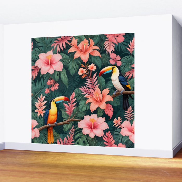 Toucans & Hibiscus, Floral Dark Jungle Blossom, Birds Animals Forest Botanical, Graphic Art Nature Wildlife Wall Mural Gallery Image 2