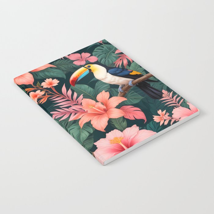 Toucans & Hibiscus, Floral Dark Jungle Blossom, Birds Animals Forest Botanical, Graphic Art Nature Wildlife Notebook Gallery Image 2