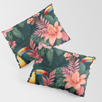 Toucans & Hibiscus, Floral Dark Jungle Blossom, Birds Animals Forest Botanical, Graphic Art Nature Wildlife Pillow Sham Gallery Image 3