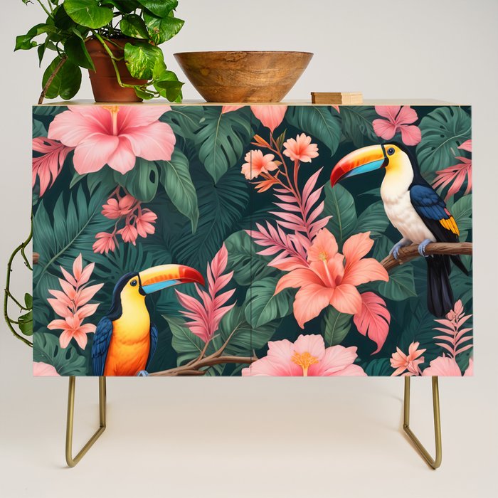 Toucans & Hibiscus, Floral Dark Jungle Blossom, Birds Animals Forest Botanical, Graphic Art Nature Wildlife Credenza Gallery Image 1