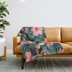 Toucans & Hibiscus, Floral Dark Jungle Blossom, Birds Animals Forest Botanical, Graphic Art Nature Wildlife Throw Blanket Gallery Image 1
