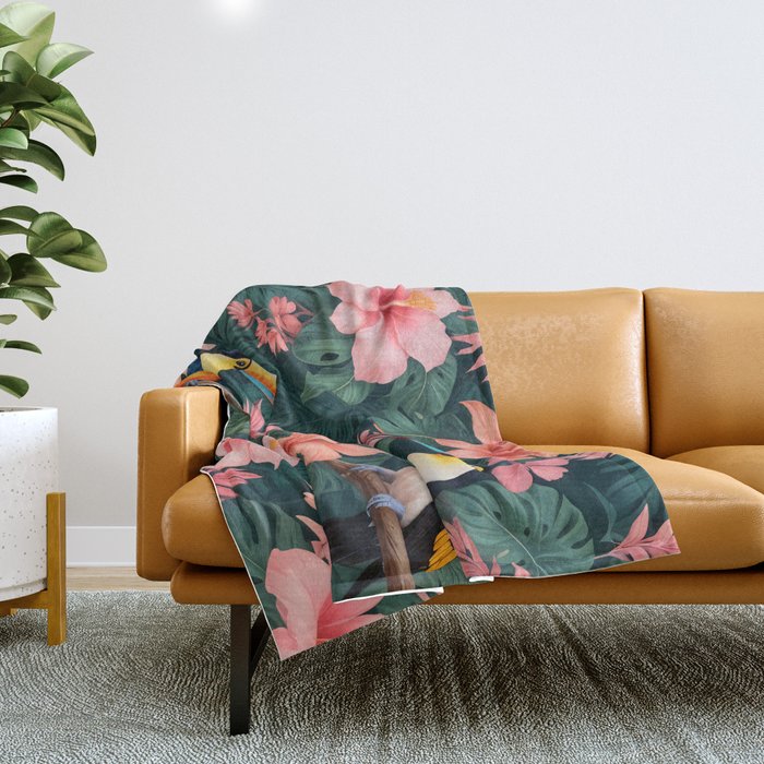 Toucans & Hibiscus, Floral Dark Jungle Blossom, Birds Animals Forest Botanical, Graphic Art Nature Wildlife Throw Blanket Gallery Image 1