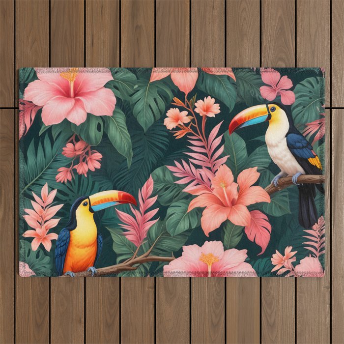 Toucans & Hibiscus, Floral Dark Jungle Blossom, Birds Animals Forest Botanical, Graphic Art Nature Wildlife Outdoor Rug Gallery Image 1