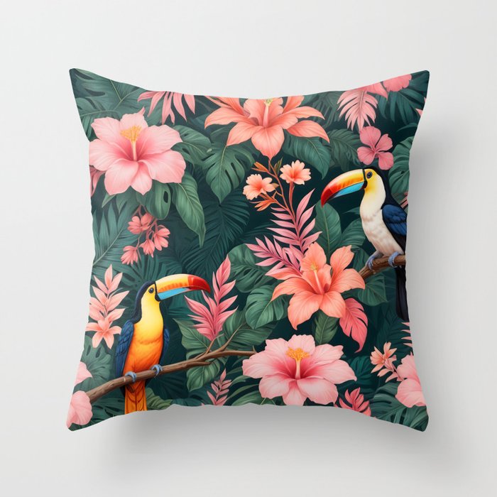 Toucans & Hibiscus, Floral Dark Jungle Blossom, Birds Animals Forest Botanical, Graphic Art Nature Wildlife Throw Pillow Gallery Image 6