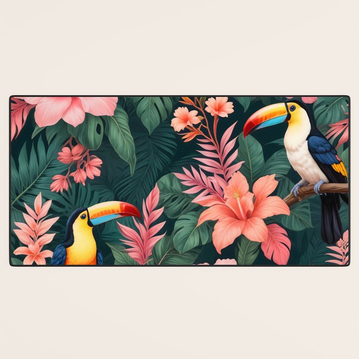 Toucans & Hibiscus, Floral Dark Jungle Blossom, Birds Animals Forest Botanical, Graphic Art Nature Wildlife Desk Mat Gallery Image 3