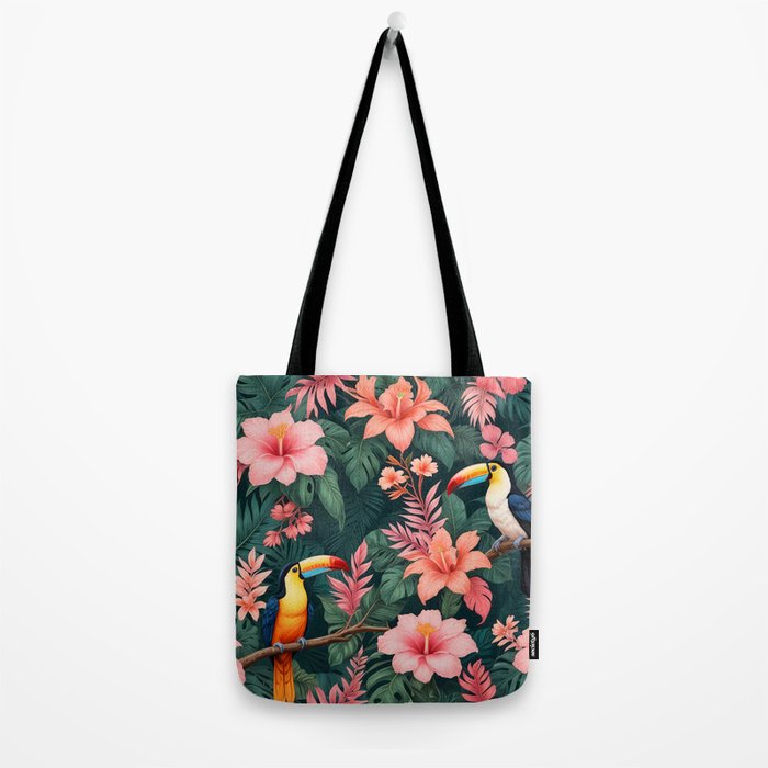 Toucans & Hibiscus, Floral Dark Jungle Blossom, Birds Animals Forest Botanical, Graphic Art Nature Wildlife Tote Bag Gallery Image 2