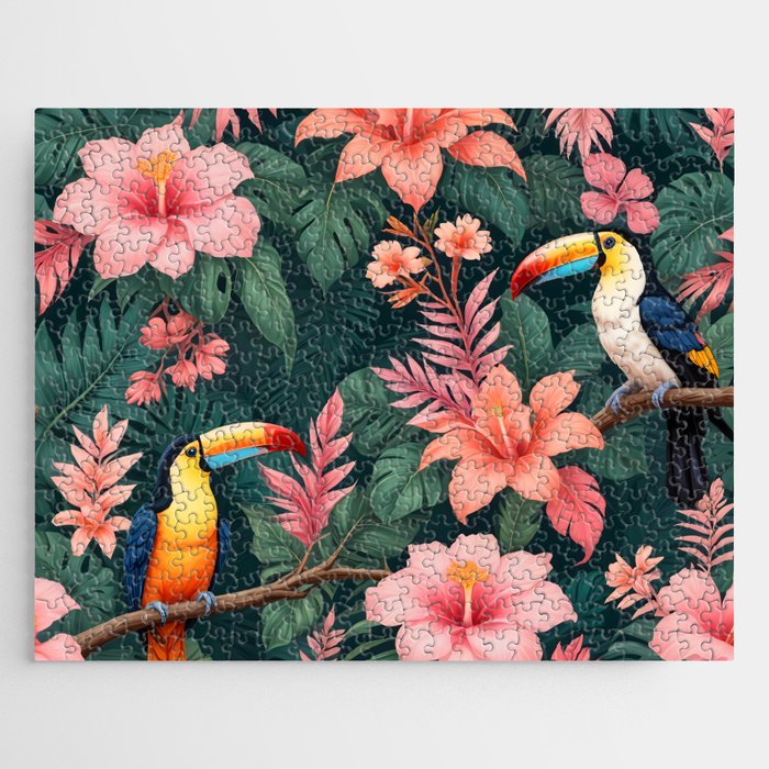 Toucans & Hibiscus, Floral Dark Jungle Blossom, Birds Animals Forest Botanical, Graphic Art Nature Wildlife Jigsaw Puzzle Gallery Image 1