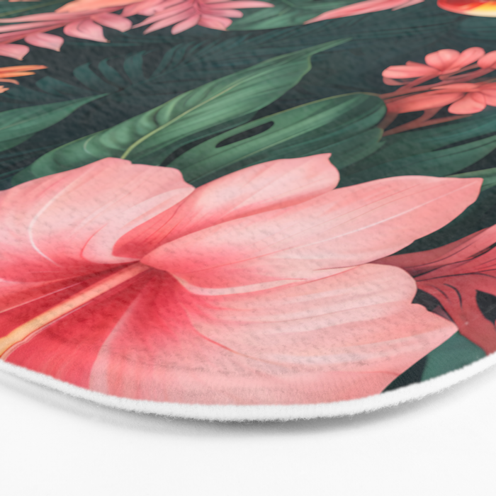 Toucans & Hibiscus, Floral Dark Jungle Blossom, Birds Animals Forest Botanical, Graphic Art Nature Wildlife Bath Mat Gallery Image 3