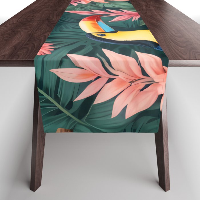 Toucans & Hibiscus, Floral Dark Jungle Blossom, Birds Animals Forest Botanical, Graphic Art Nature Wildlife Table Runner Gallery Image 1