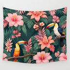 Toucans & Hibiscus, Floral Dark Jungle Blossom, Birds Animals Forest Botanical, Graphic Art Nature Wildlife Wall Tapestry Gallery Image 4