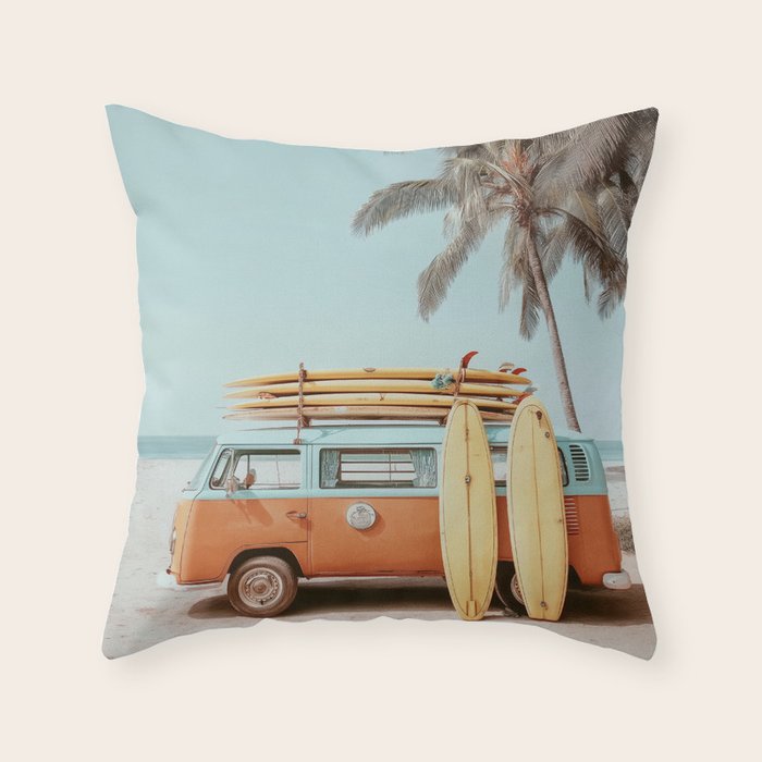 Surf Van II - Vintage Coastal Adventure Print Throw Pillow Gallery Image 6