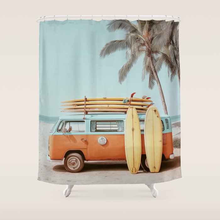 Surf Van II - Vintage Coastal Adventure Print Shower Curtain Gallery Image 1