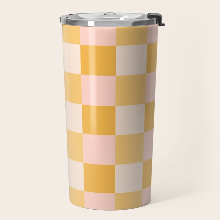Yellow and peachy pink checks Travel Mug Gallery Image 2