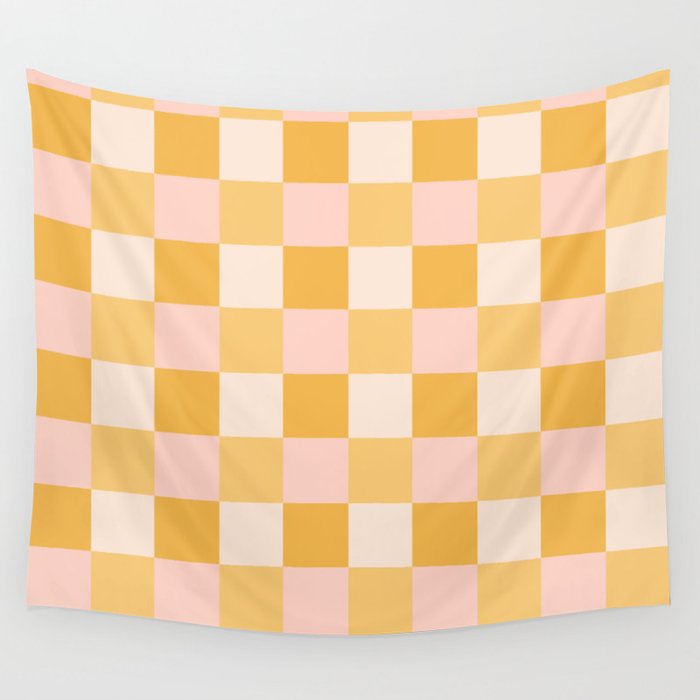 Yellow and peachy pink checks Wall Tapestry Gallery Image 1