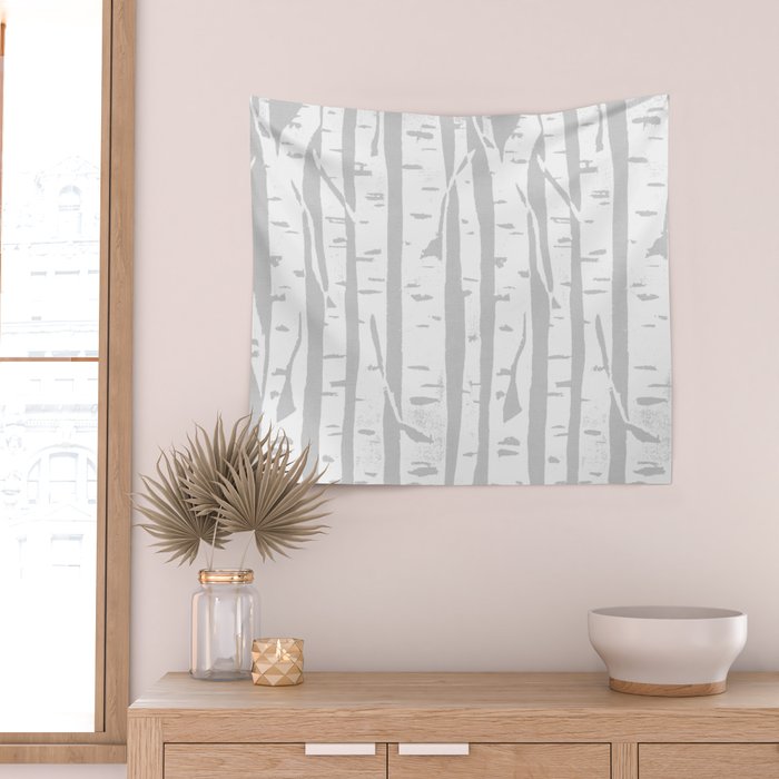 Woodcut Birches Grey Wall Tapestry Gallery Image 2
