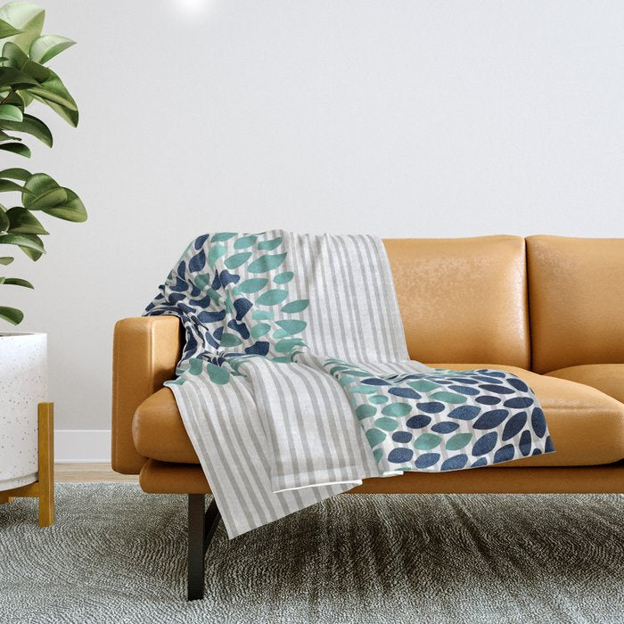 Floral Prints, Gray, Teal and Blue, Abstract Art Throw Blanket Gallery Image 1