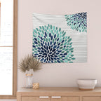 Floral Prints, Gray, Teal and Blue, Abstract Art Wall Tapestry Gallery Image 2