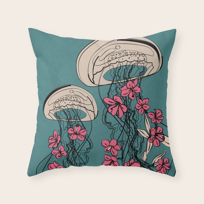 Floral Jellyfishes 1 Throw Pillow Gallery Image 1