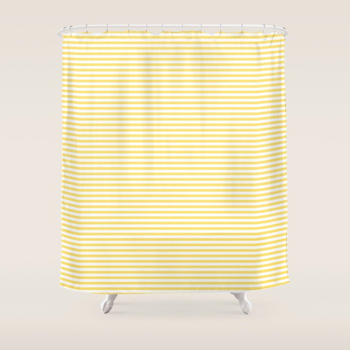 Fine Stripes Narrow Vertical Stripe Pattern in Butter Yellow and White Shower Curtain Gallery Image 1