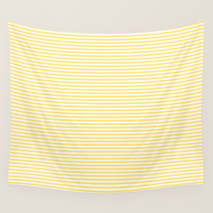 Fine Stripes Narrow Vertical Stripe Pattern in Butter Yellow and White Wall Tapestry Gallery Image 4