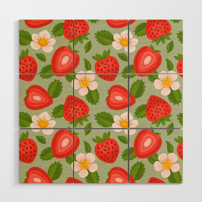 Strawberry Pattern on Mint Green Wood Wall Art Gallery Image 1