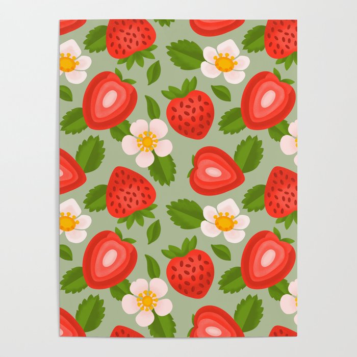 Strawberry Pattern on Mint Green Poster Gallery Image 1