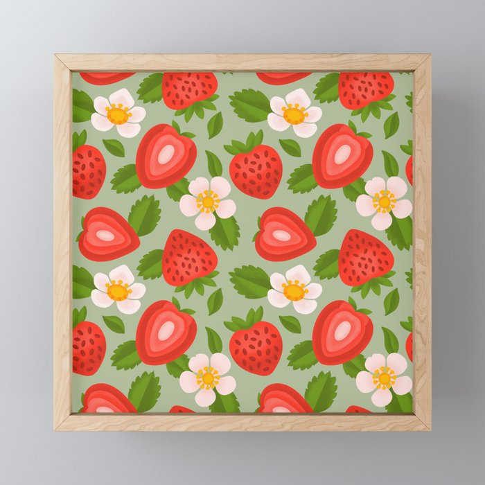 Strawberry Pattern on Mint Green Mini Art Print Gallery Image 1