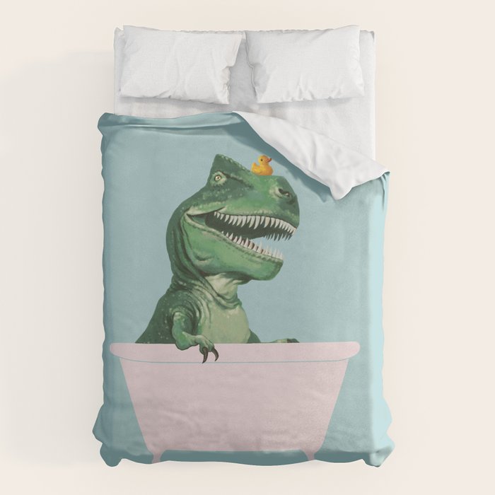 Playful T-Rex in Bathtub in Green Duvet Cover Gallery Image 1