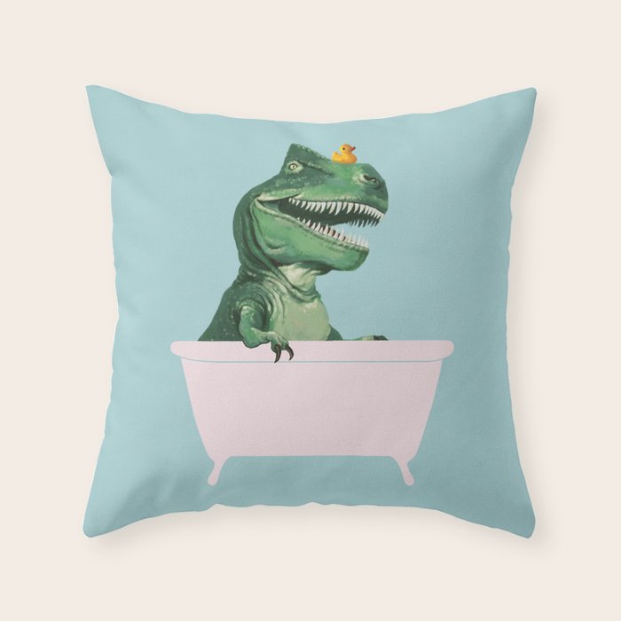Playful T-Rex in Bathtub in Green Throw Pillow Gallery Image 6