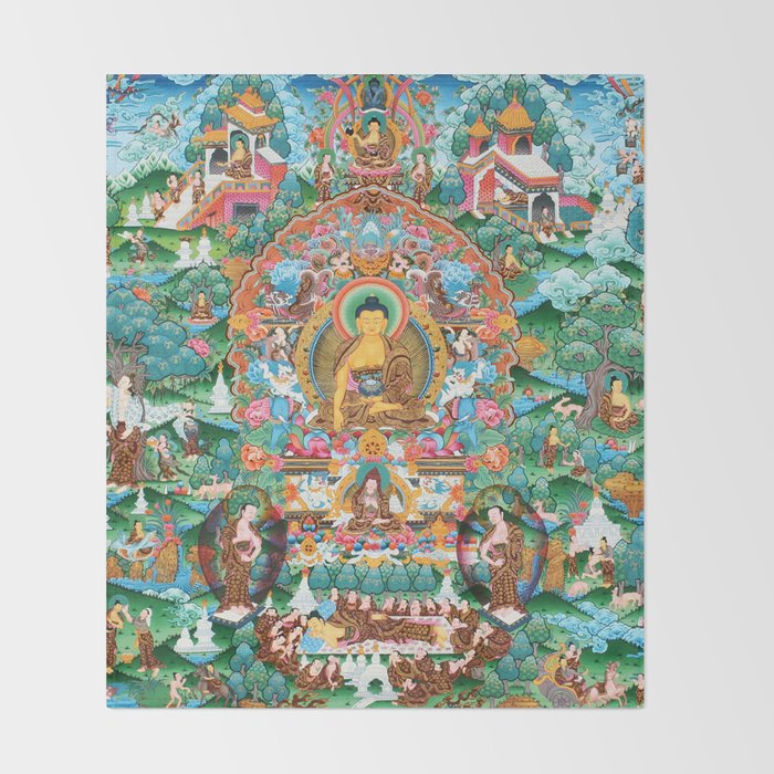 Turquoise Life Of Buddha Thangka Throw Blanket Gallery Image 2