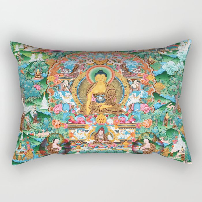 Turquoise Life Of Buddha Thangka Rectangular Pillow Gallery Image 1