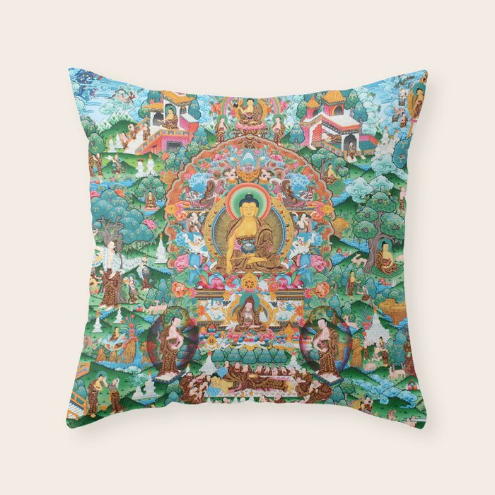Turquoise Life Of Buddha Thangka Throw Pillow Gallery Image 6
