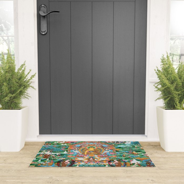 Turquoise Life Of Buddha Thangka Welcome Mat Gallery Image 3