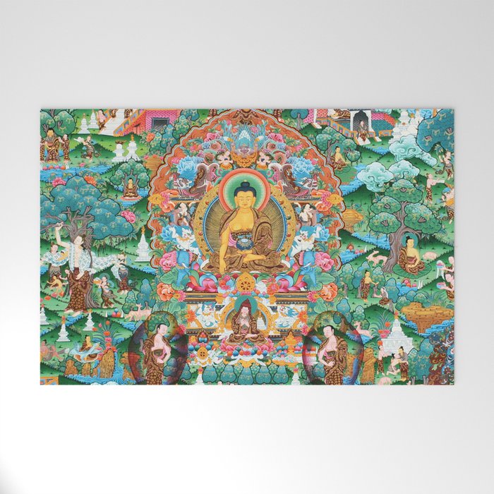 Turquoise Life Of Buddha Thangka Welcome Mat Gallery Image 1