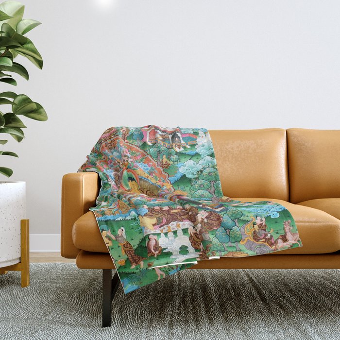 Turquoise Life Of Buddha Thangka Throw Blanket Gallery Image 1