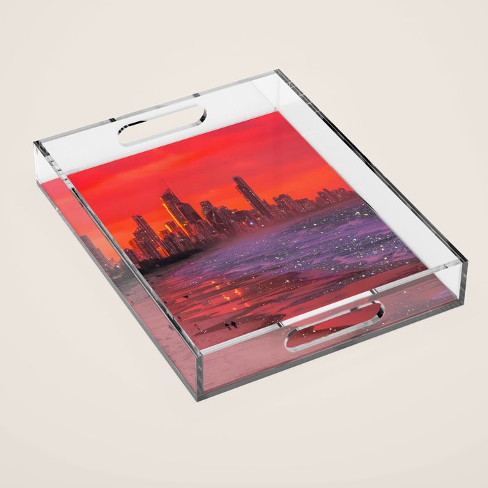 PINK BEACH IN THE FUTURE | waves | ocean | sea | collage | city | vibe | summer | inspiration star Acrylic Tray Gallery Image 1