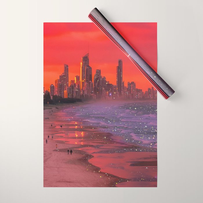 PINK BEACH IN THE FUTURE | waves | ocean | sea | collage | city | vibe | summer | inspiration star Wrapping Paper Gallery Image 1