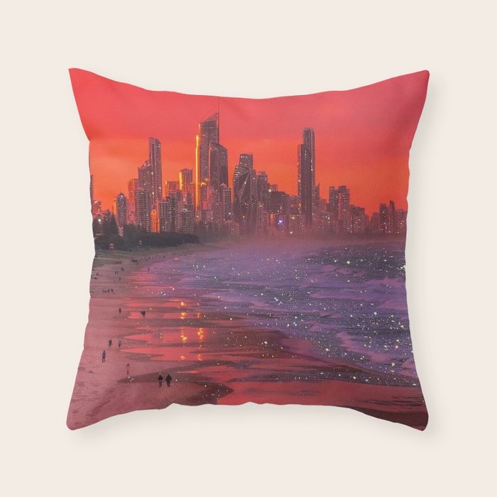PINK BEACH IN THE FUTURE | waves | ocean | sea | collage | city | vibe | summer | inspiration star Throw Pillow Gallery Image 1