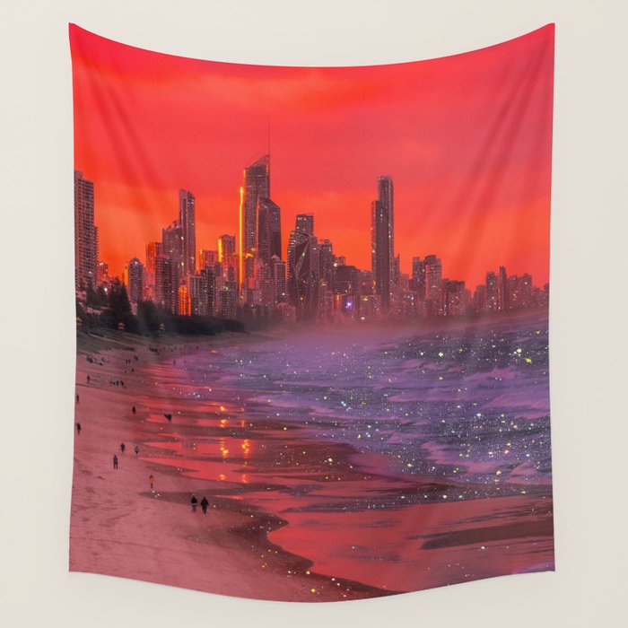 PINK BEACH IN THE FUTURE | waves | ocean | sea | collage | city | vibe | summer | inspiration star Wall Tapestry Gallery Image 1